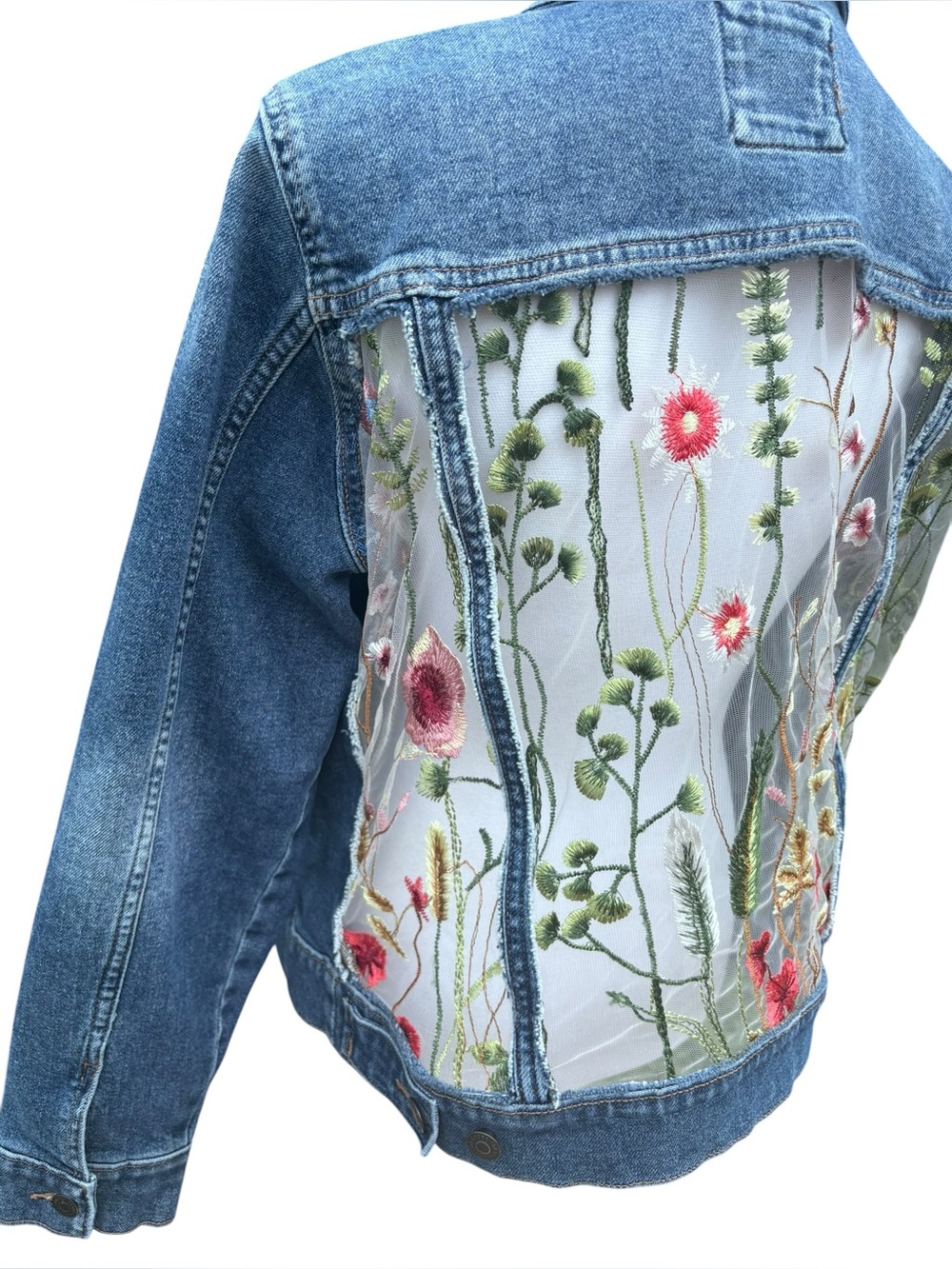 Handmade Floral Embroidered Denim Jacket Wearable Art Large - Picture 6 of 10
